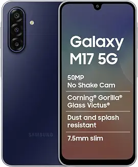 Samsung Galaxy M17 5G Mobile (Sapphire Black, 4GB RAM, 128GB Storage) | 50MP OIS Triple Camera | Gorilla Glass Victus | IP54 | 6 Gen OS Upgrades | AI | Gemini Live | Lag-Free Gaming | Without Charger