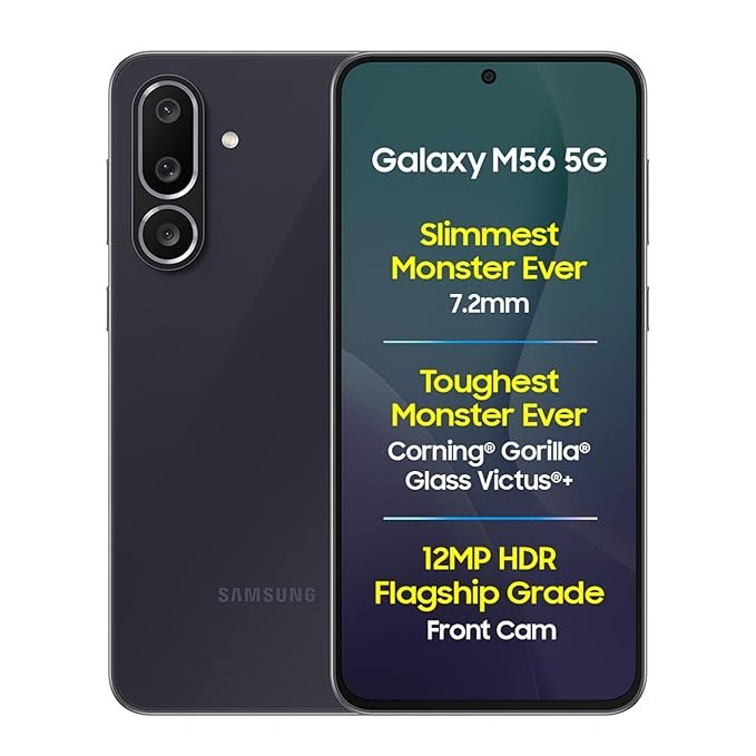 Samsung Galaxy M56 5G Mobile (Light Green,8GB RAM,128GB Storage)| Segment Slimmest | Gorilla Glass Victus+| 10 Bit HDR Video| 50MP Camera| AI | Vapour Cooling Chamber| Lag-free Gaming| Without Charger