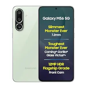 Samsung Galaxy M56 5G Mobile (Light Green,8GB RAM,128GB Storage)| Segment Slimmest | Gorilla Glass Victus+| 10 Bit HDR Video| 50MP Camera| AI | Vapour Cooling Chamber| Lag-free Gaming| Without Charger